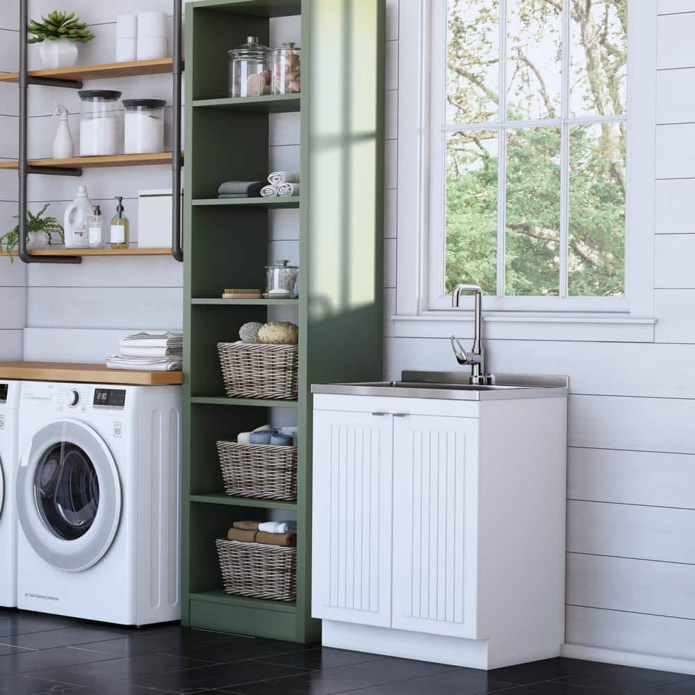 Simpli Home Murphy Transitional 28 in. wall mount Laundry sink with Cabinet Faucet and Stainless Steel Sink in White