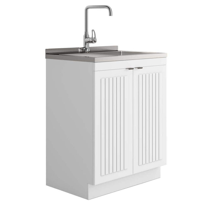 Simpli Home Murphy Transitional 28 in. wall mount Laundry sink with Cabinet Faucet and Stainless Steel Sink in White