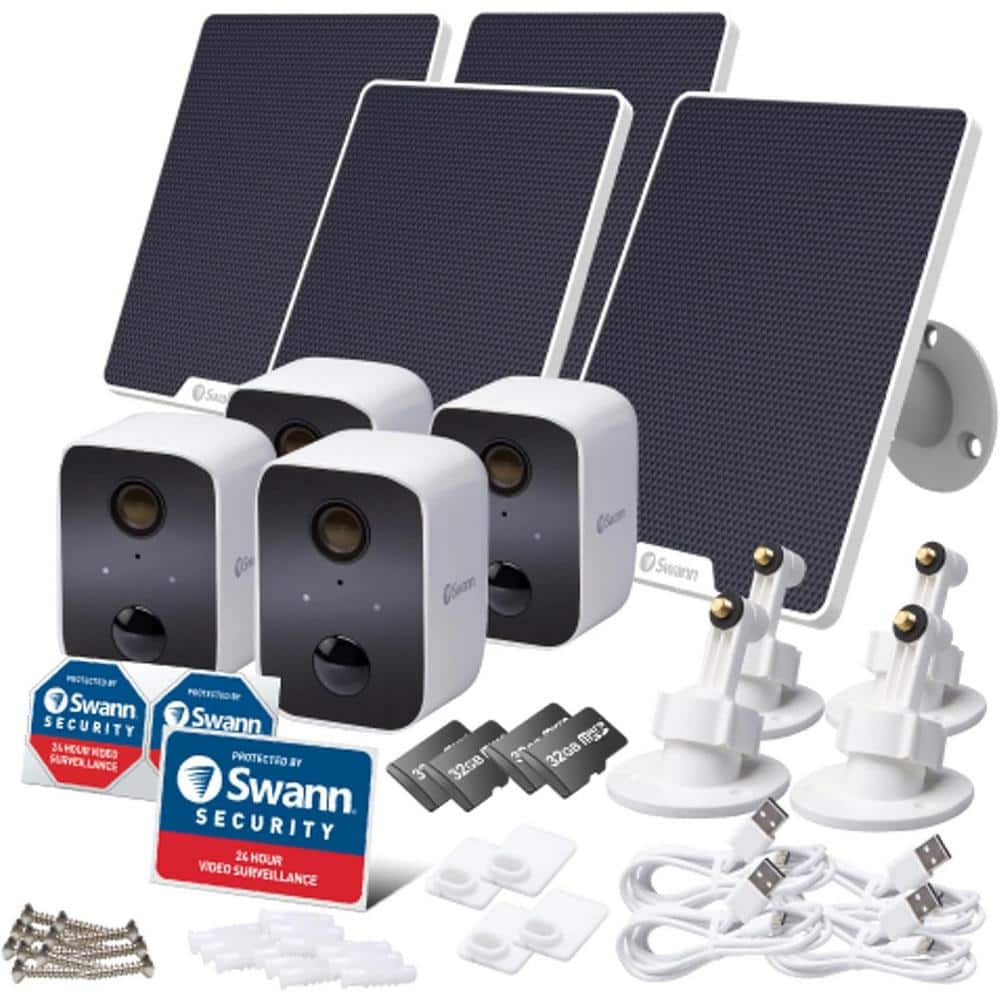 Swann CoreCam Battery Powered Wireless Indoor/Outdoor Smart Home Security Camera with Solar Panel and Mounting Stand (4-Pack)
