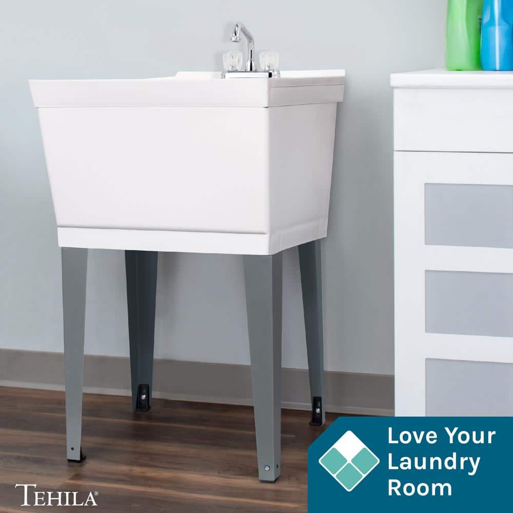 TEHILA Complete 22.875" x 23.5" White 19 Gallon Utility Sink Set with Chrome Finish Faucet
