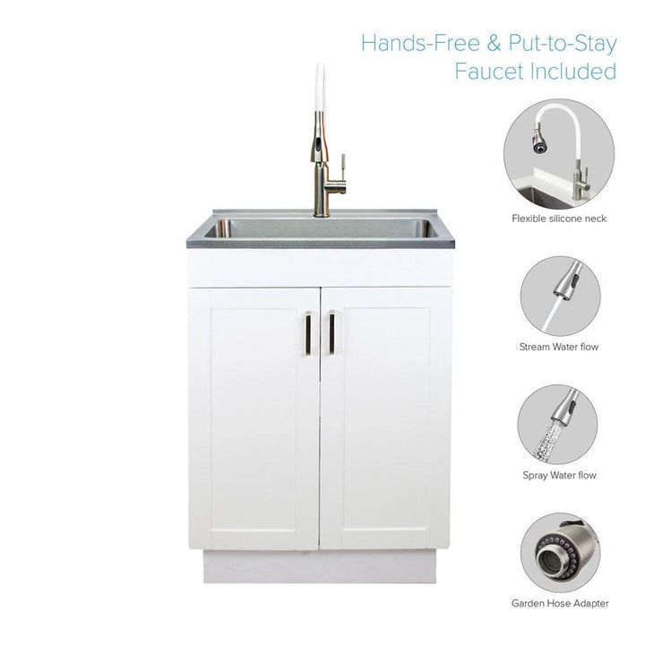 Transolid Stainless Steel Laundry Sink and Wood Cabinet with Faucet, White