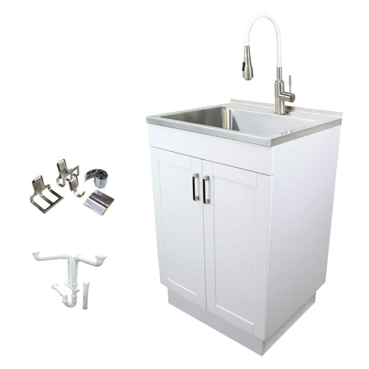 Transolid All-in-One 23.6 in. x 19.7 in. x 34.6 in. Particle Board Utility Sink and Cabinet with Faucet and Accessory Kit