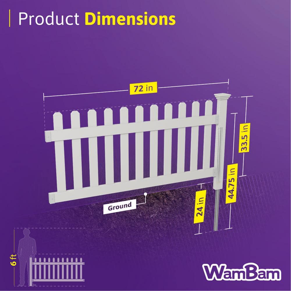 WamBam Fence 3 ft. x 6 ft. Newport Picket Vinyl Fence with No-Dig Steel Pipe Anchor Kit