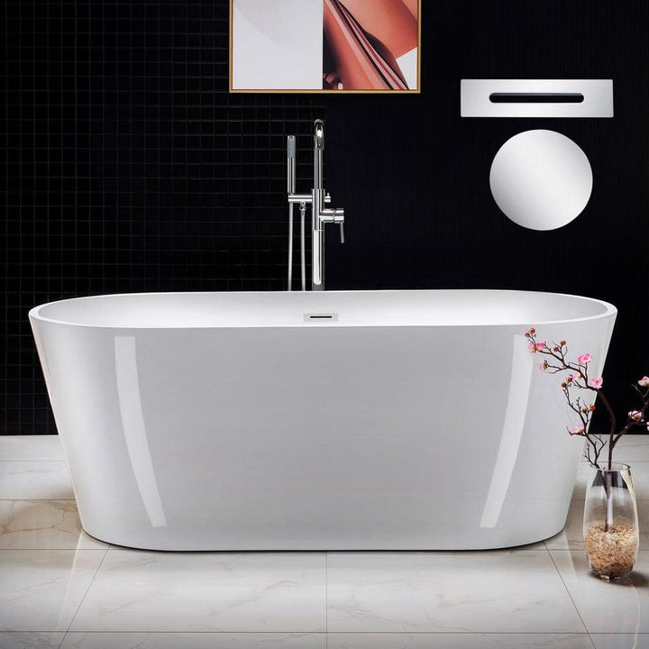 WOODBRIDGE Bradbury 67 in. Acrylic FlatBottom Double-Ended Freestanding Bathtub with Polished Chrome Overflow & Drain, White