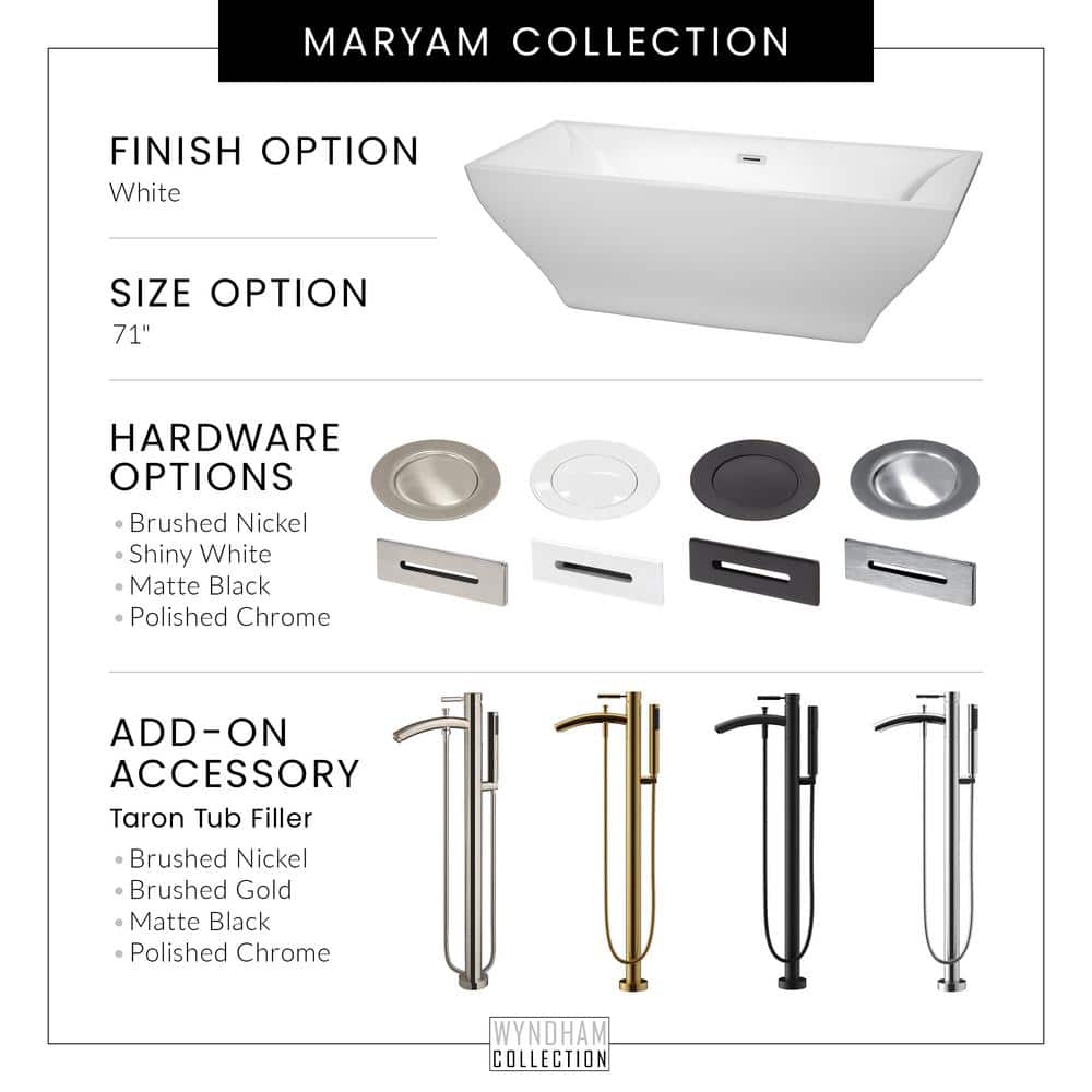 Wyndham Collection Maryam 70.75 in. Acrylic Freestanding Soaking Tub in White with Chrome Trim