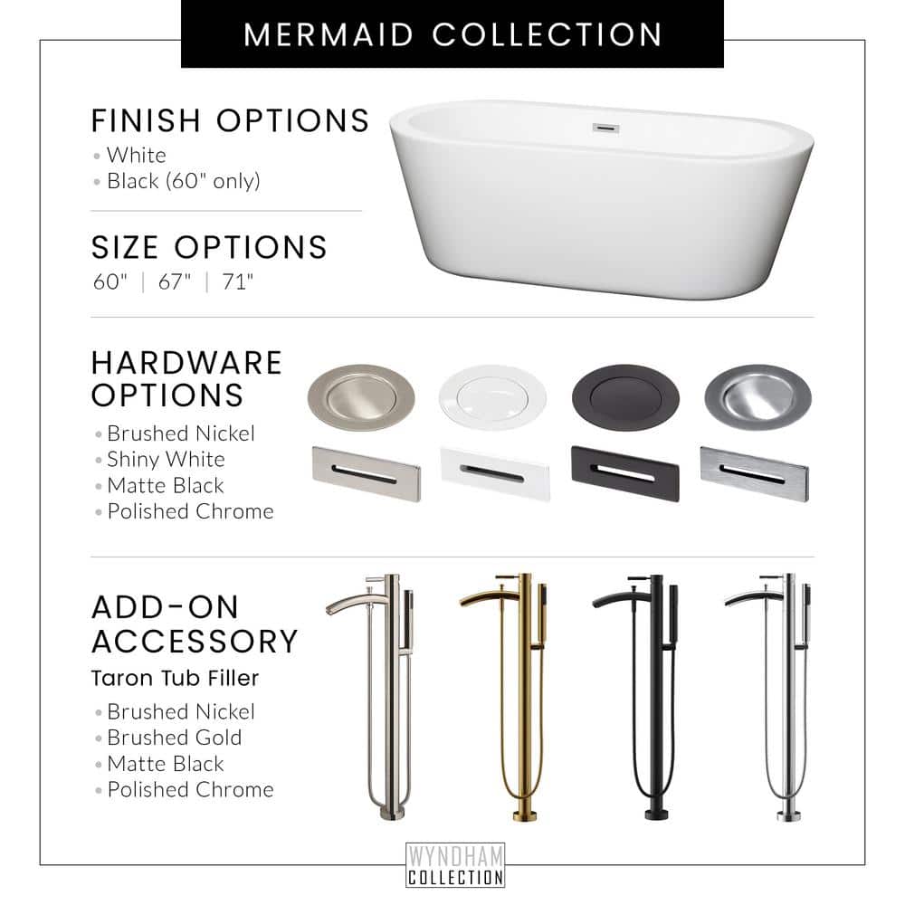 Wyndham Collection Mermaid 71 in. Acrylic Freestanding Soaking Tub in White