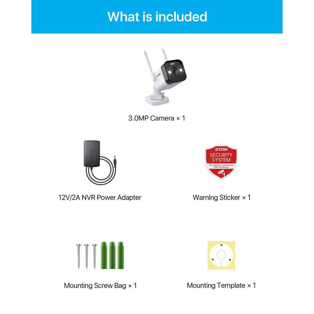ZOSI ZG1883M 3MP Wireless Add-On Security Camera Only Work with W4/W4 Pro NVR Model ZR08PU, ZR08GP