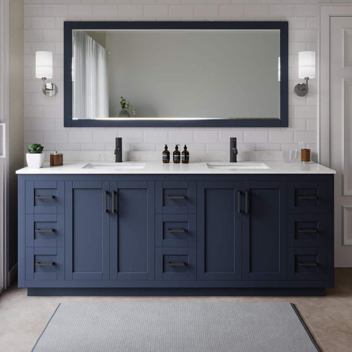 Wyndham Collection Miranda 84" Double Bath Vanity in Dark Blue with Carrara Cultured Marble Top