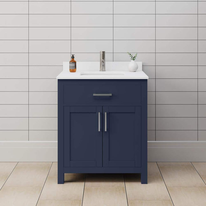 Wyndham Collection Beckett 30" Dark Blue Bathroom Vanity with White Cultured Marble Top
