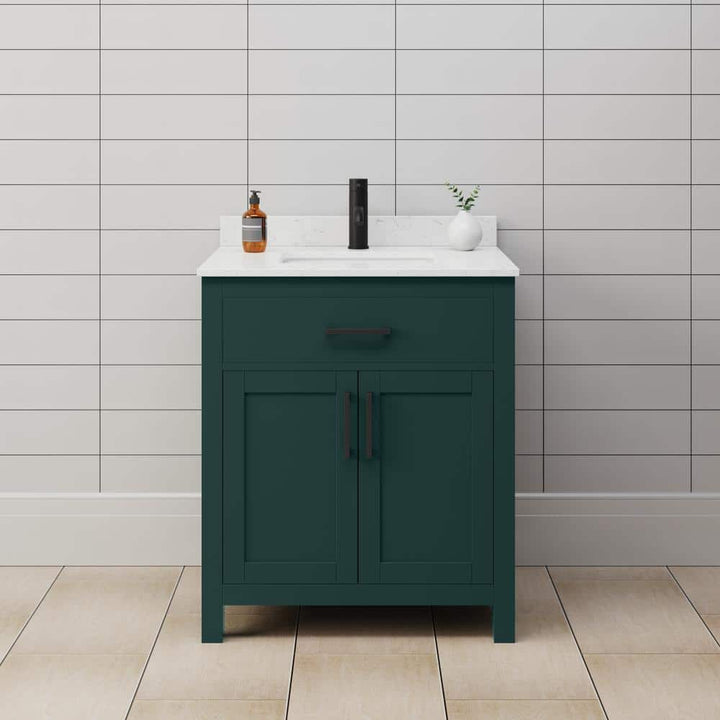Wyndham Collection Beckett 30" Green Bathroom Vanity with Carrara Marble Top
