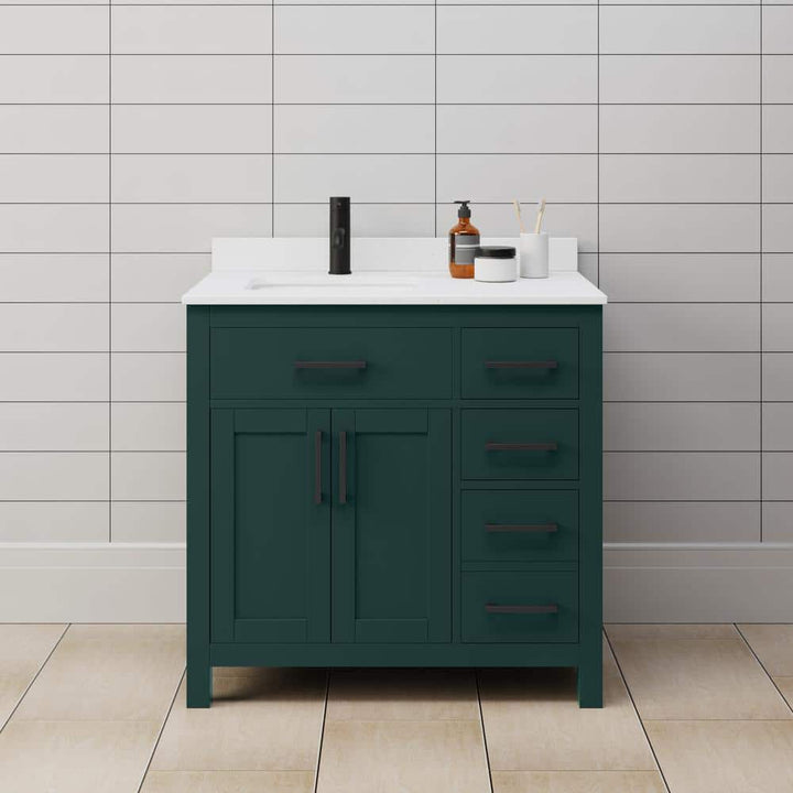 Wyndham Collection Beckett 36" Green Bathroom Vanity with White Cultured Marble Top
