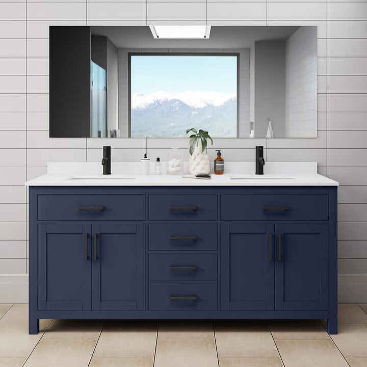 Wyndham Collection Beckett 72" Double Sink Bathroom Vanity in Dark Blue with Cultured Marble Top