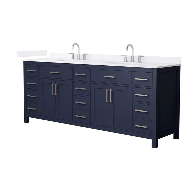 Wyndham Collection Beckett 84 in. Double Freestanding Dark Blue Bath Vanity with White Quartz Top