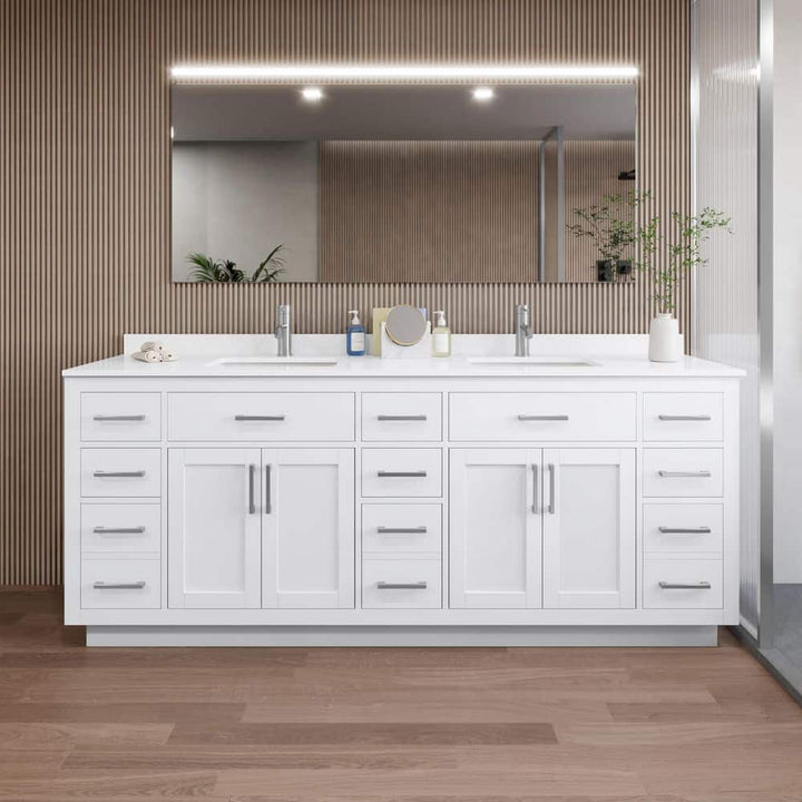 Wyndham Collection Beckett TK 84" Double Sink Bath Vanity with White Quartz Top and Brushed Nickel Trim