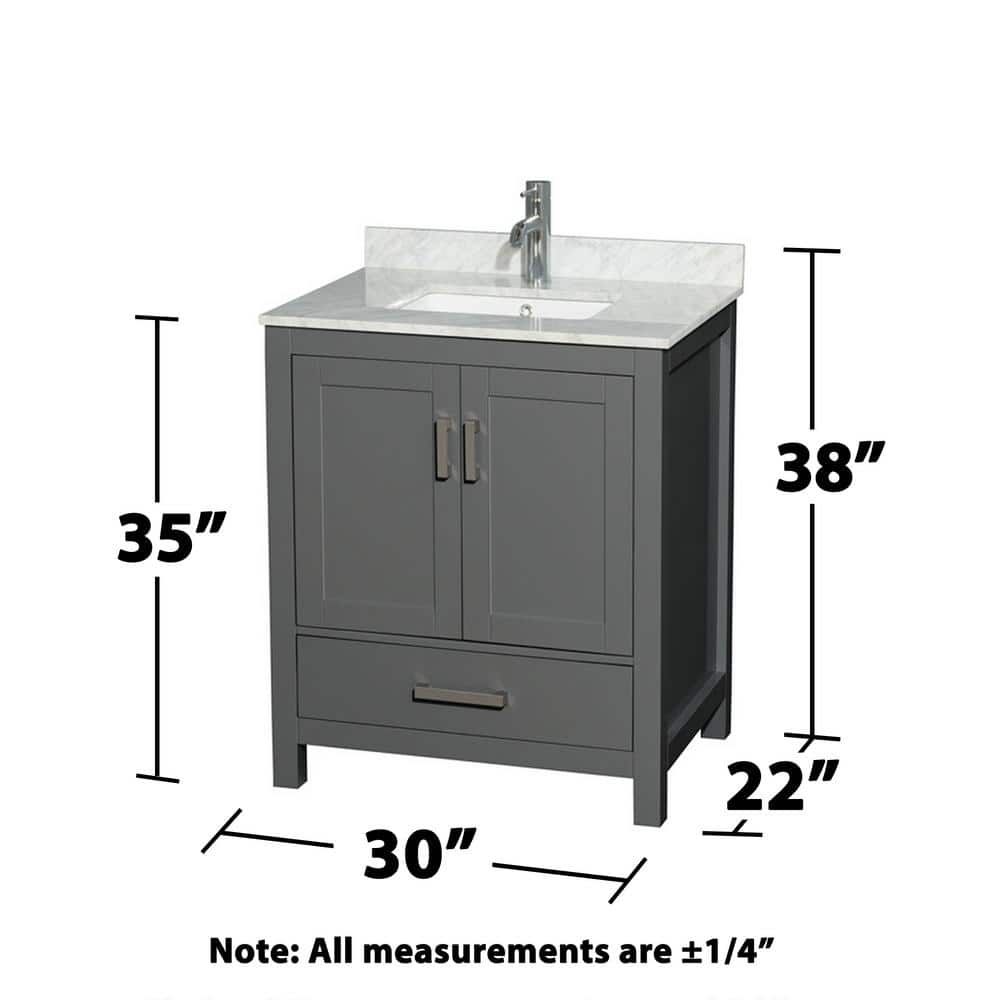 Wyndham Collection Sheffield 30" Single Bath Vanity in Dark Gray with White Carrara Marble Top