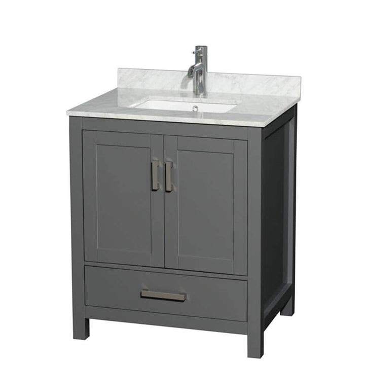 Wyndham Collection Sheffield 30" Single Bath Vanity in Dark Gray with White Carrara Marble Top