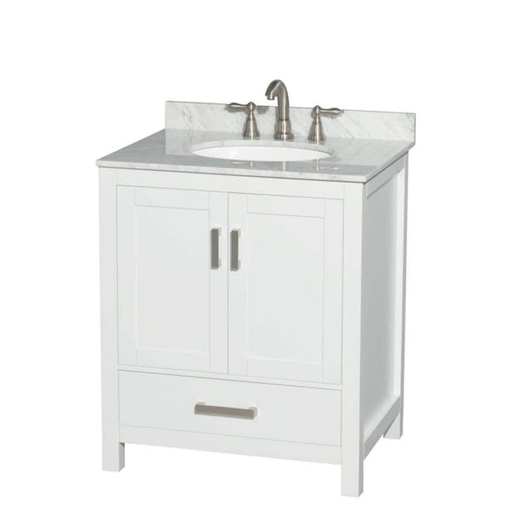 Wyndham Collection Sheffield 30" White Bathroom Vanity with Carrara Marble Top