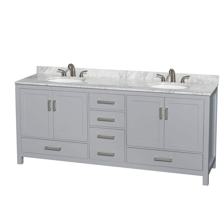 Wyndham Collection Sheffield 80" Double Bath Vanity in Gray with White Carrara Marble Top