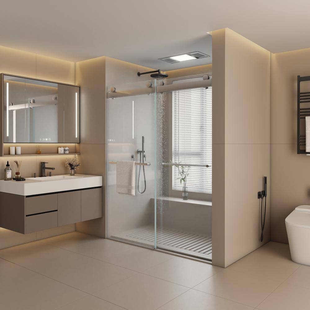Xzkai 60.1 in. W x 76 in. H Sliding Frameless Shower Door with Tempered Glass, Brushed Nickel