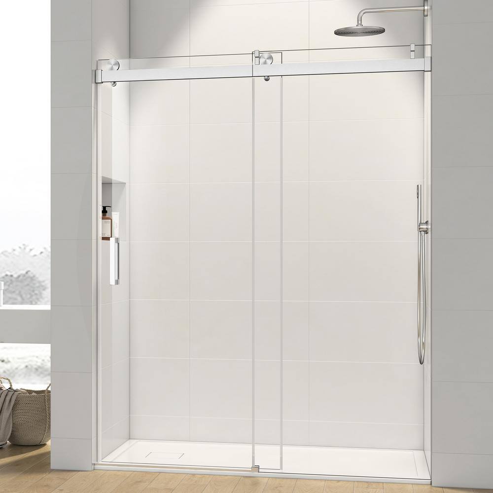Xzkai 72 in. W x 76 in. H Sliding Frameless Shower Door with Tempered Glass, Brushed Nickel