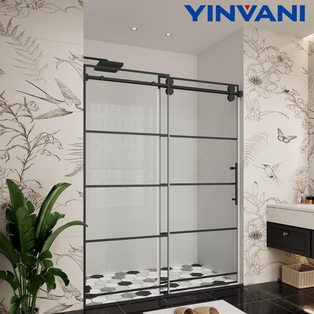 YINVANI 60 in. W x 76 in. H Single Sliding Frameless Shower Door in Matte Black with Easy-Clean 3/8 in. Black Grids Glass