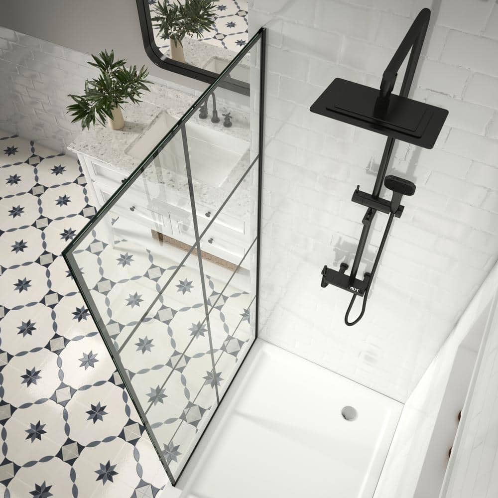 YINVANI 30 in. W x 76 in. Fixed Single Panel Frameless Shower Door Shower Screen in Matte Black Grid with Easy-Clean 10mm Glass