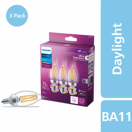 Philips 75-Watt Equivalent BA11 Dimmable Edison Glass LED Candle Light Bulb, Bent Tip, Candelabra Base, Daylight 5000K (3-Pack)