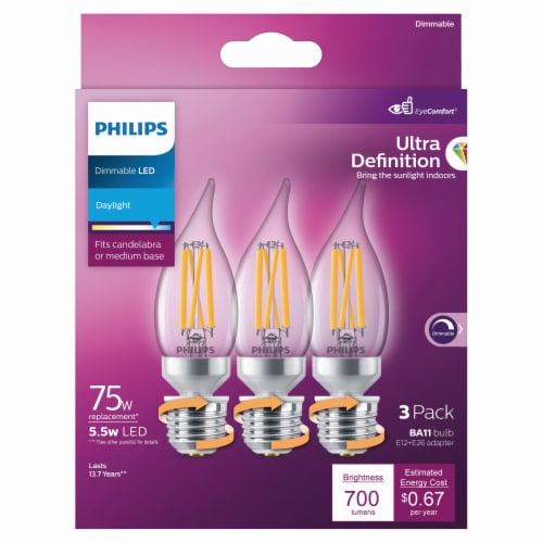 Philips 75-Watt Equivalent BA11 Dimmable Edison Glass LED Candle Light Bulb, Bent Tip, Candelabra Base, Daylight 5000K (3-Pack)