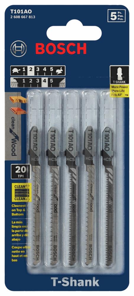 Bosch 5-Pack 3-1/4-in 20 TPI T‑Shank High-Carbon Steel Jigsaw Blades, Clean for Wood (T101AO)