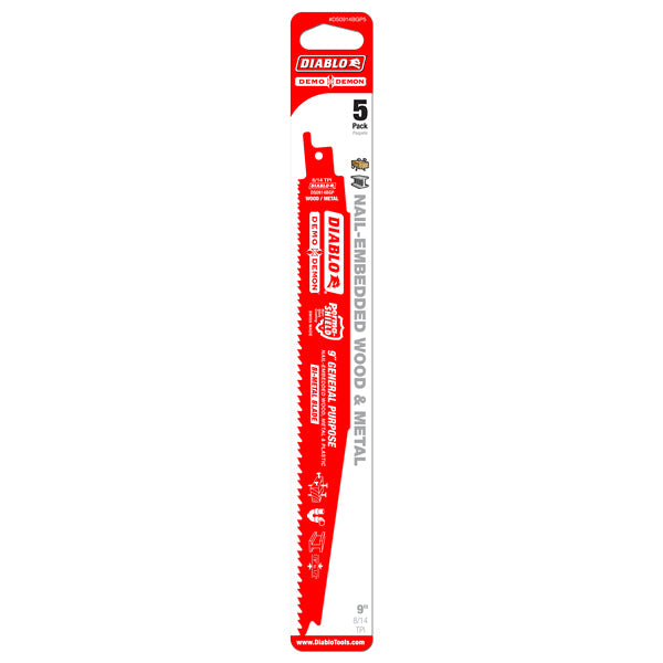 Diablo Bi-Metal Reciprocating Saw Blade for Nail-Embedded Wood, Metal & Plastic 9" 8/14 TPI 5/Pack