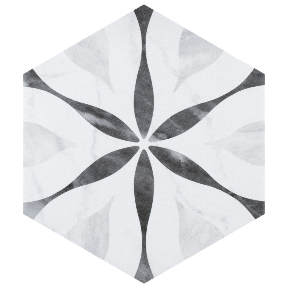 Merola Tile Classico Bardiglio Hexagon Flower 7 in. x 8 in. Porcelain Floor and Wall Tile (7.67 sq. ft. / case)