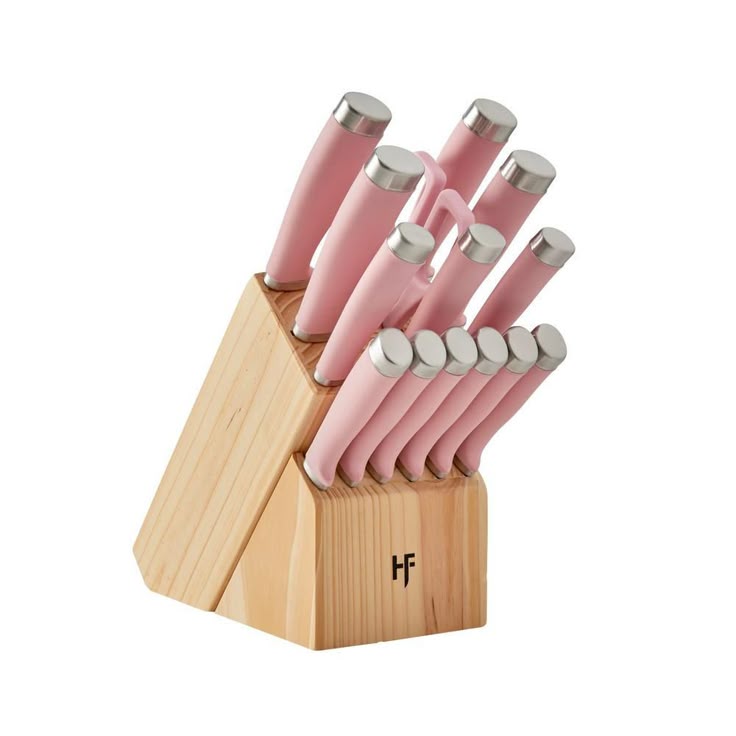 Epicure 15-Piece Stainless Steel Knife Set with Storage Block in Blush