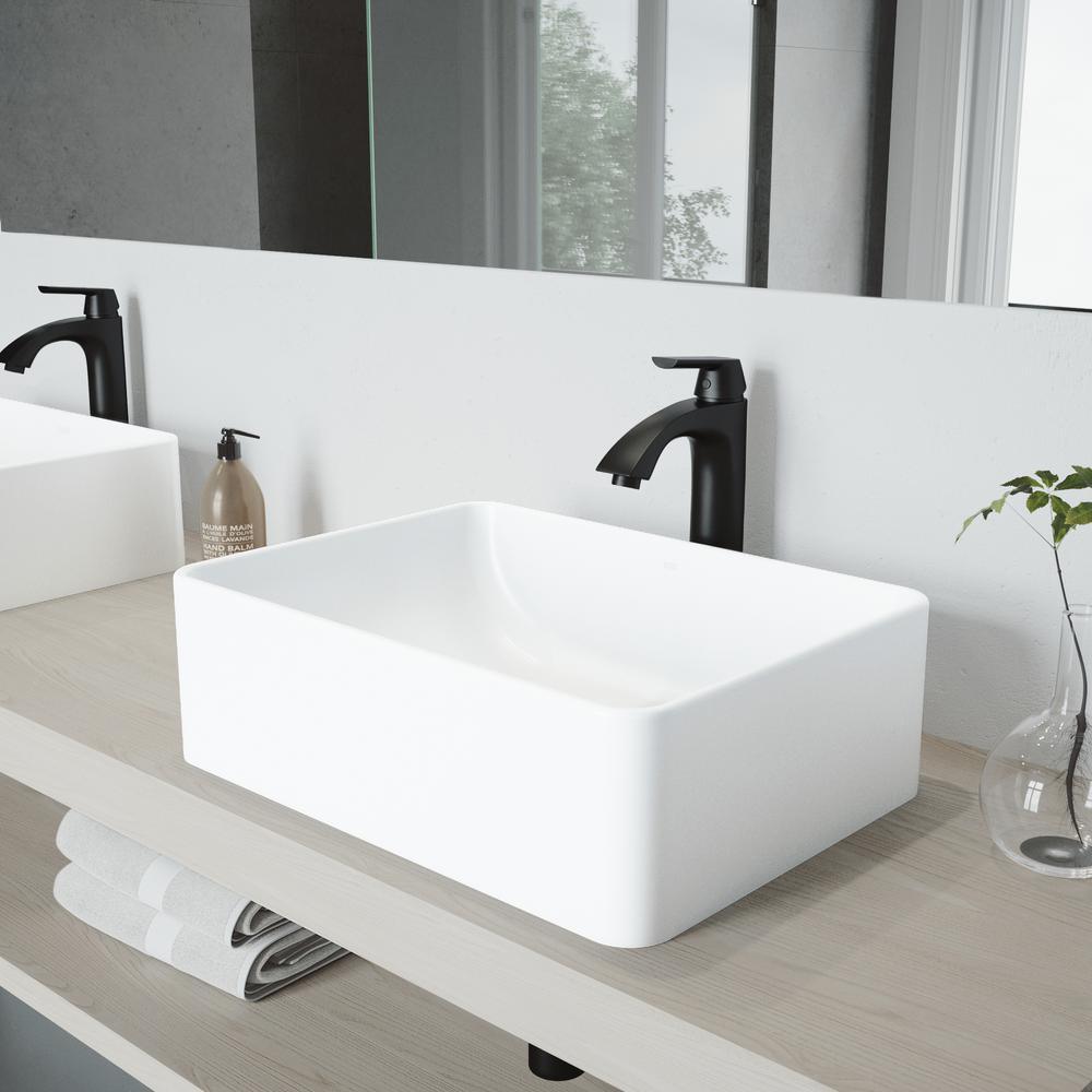 Amaryllis White Matte Stone Vessel Bathroom Sink Set with Linus Vessel Faucet in Matte Black - Super Arbor