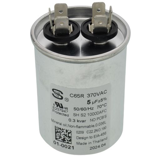 Nordyne 01-0021 capacitor - front view (Voltage: 370V; MFD: 5)