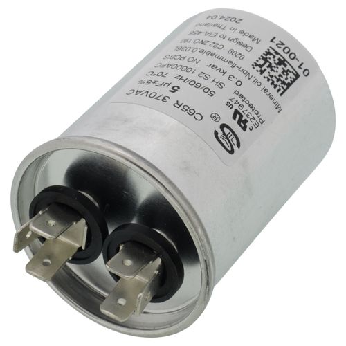 Nordyne 01-0021 capacitor - detail view (Voltage: 370V; MFD: 5)