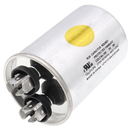 Nordyne 01-0026 capacitor - detail view (Voltage: 370V; MFD: 15)