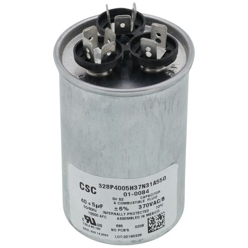 Nordyne 01-0084 capacitor - front view (Voltage: 370V; MFD: 40/5)
