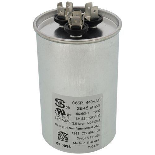 Nordyne 01-0096 capacitor - front view (Voltage: 440v; MFD: 35/5)