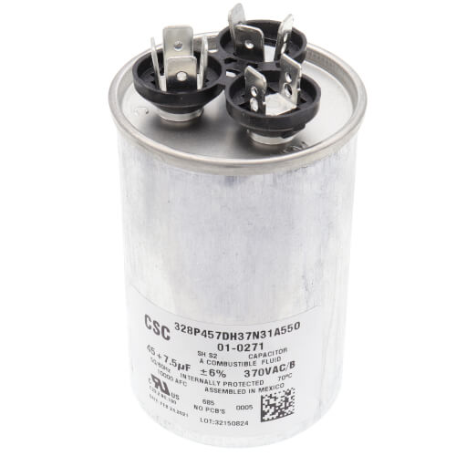 Nordyne 01-0271 capacitor - front view (Voltage: 370V; Product Type: Capacitor)