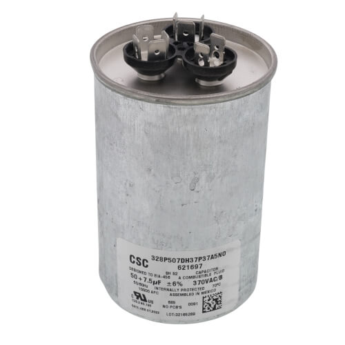 Nordyne 01-0273 capacitor - front view (Voltage: 370V; MFD: 50/7.5)
