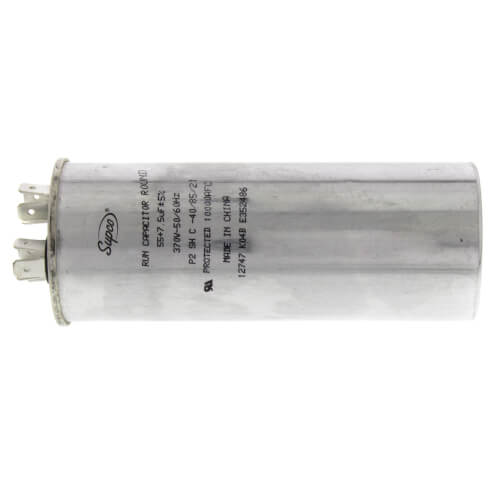 Nordyne 01-0274 capacitor - detail view (Voltage: 370V; MFD: 55/7.5)