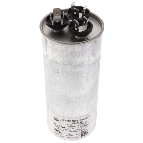 Nordyne 01-0279 capacitor - front view (Voltage: 370V; MFD: 80/7.5)