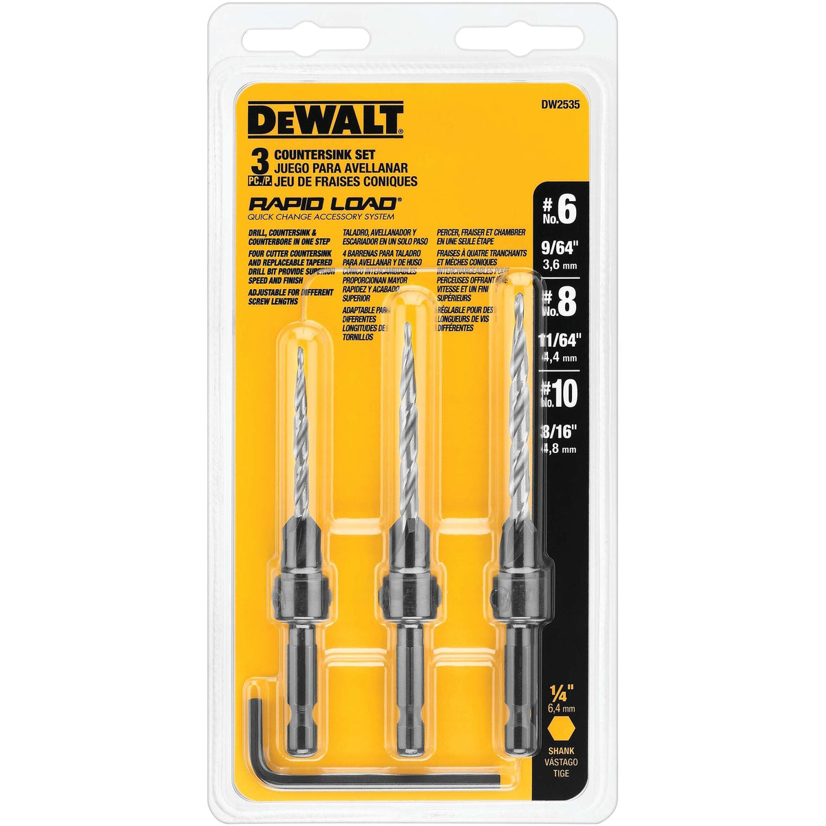 DEWALT 3-Piece Assorted High-Speed Steel Countersink Twist Drill Bit Set (Rapid Load)