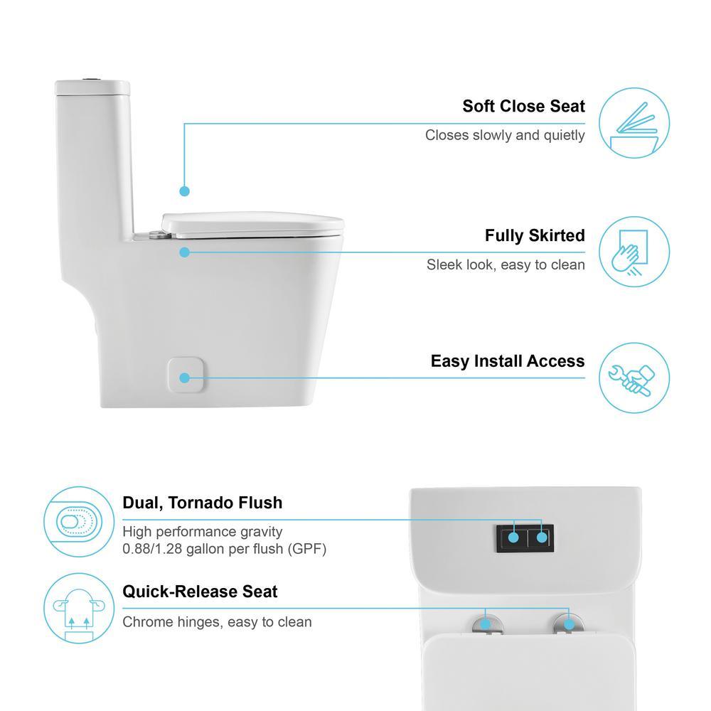 Round Bowl One-Piece Dual Flush 1.28 GPF/0.88 GPF High Efficiency Skirted All-in-One Toilet in White Seat Included - Super Arbor