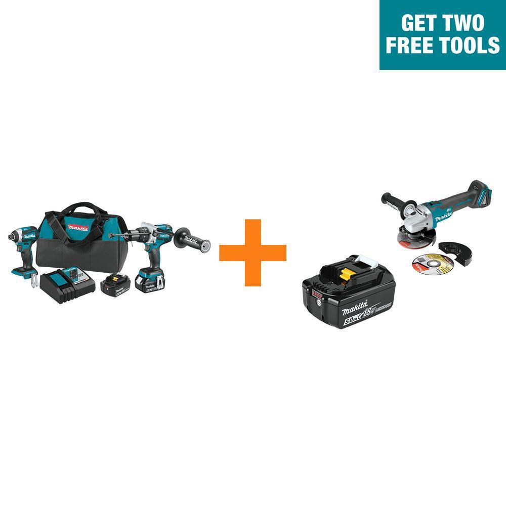Makita 18V LXT Brushless 2‑Pc Combo Kit (XT268T) 5.0Ah with Bonus 18V LXT 5.0Ah Battery and 18V LXT Brushless Cut‑Off/Angle Grinder