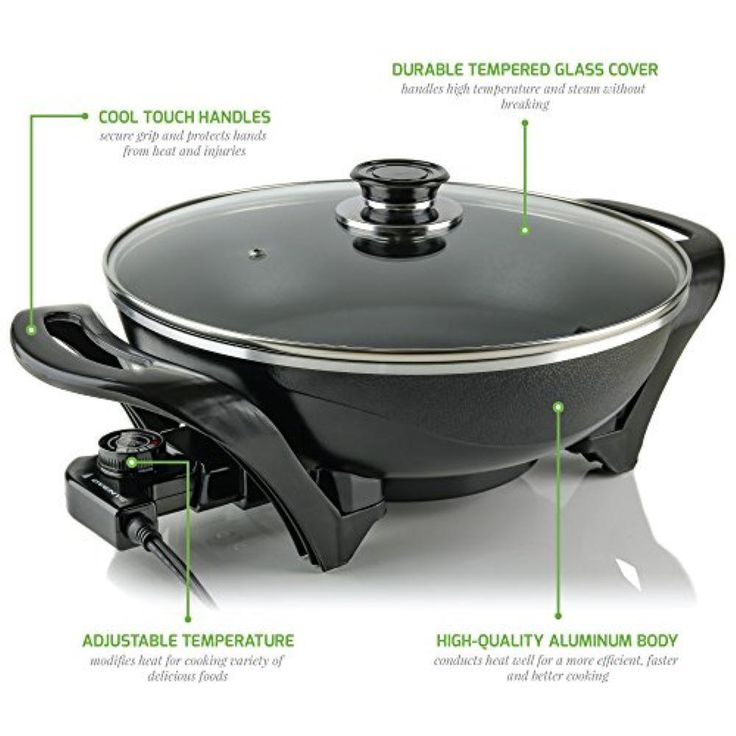 13 In. Black Non-Stick Electric Skillet with Aluminum Body Adjustable Temperature Controller Tempered Glass Cover