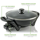 13 In. Black Non-Stick Electric Skillet with Aluminum Body Adjustable Temperature Controller Tempered Glass Cover