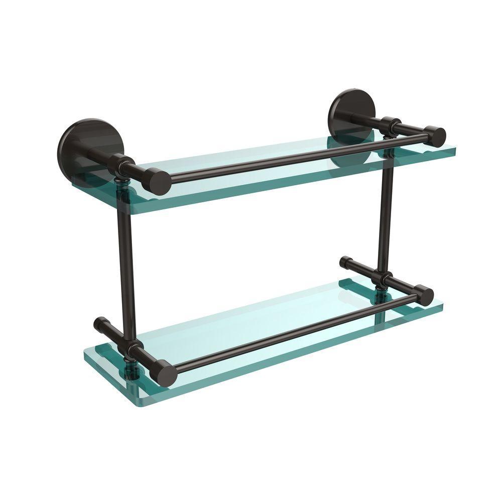 16 in. L x 8 in. H x 5 in. W 2-Tier Clear Glass Bathroom Shelf with Gallery Rail in Brushed Bronze - Super Arbor