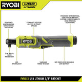 RYOBI USB Lithium 3/8 in. Ratchet Kit with 2.0 Ah Battery and USB Charging Cable with USB Lithium 2.0 Ah Lithium Battery