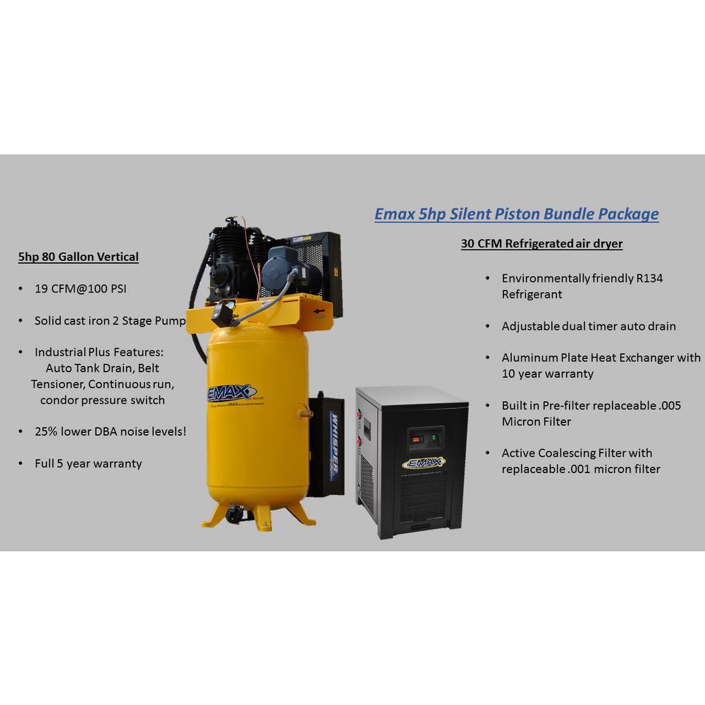 Industrial Plus 80 Gal. 5 HP 230-Volt 3-Phase 2-Stage Silent Air Electric Air Compressor with 30 CFM Dryer Bundle - Super Arbor